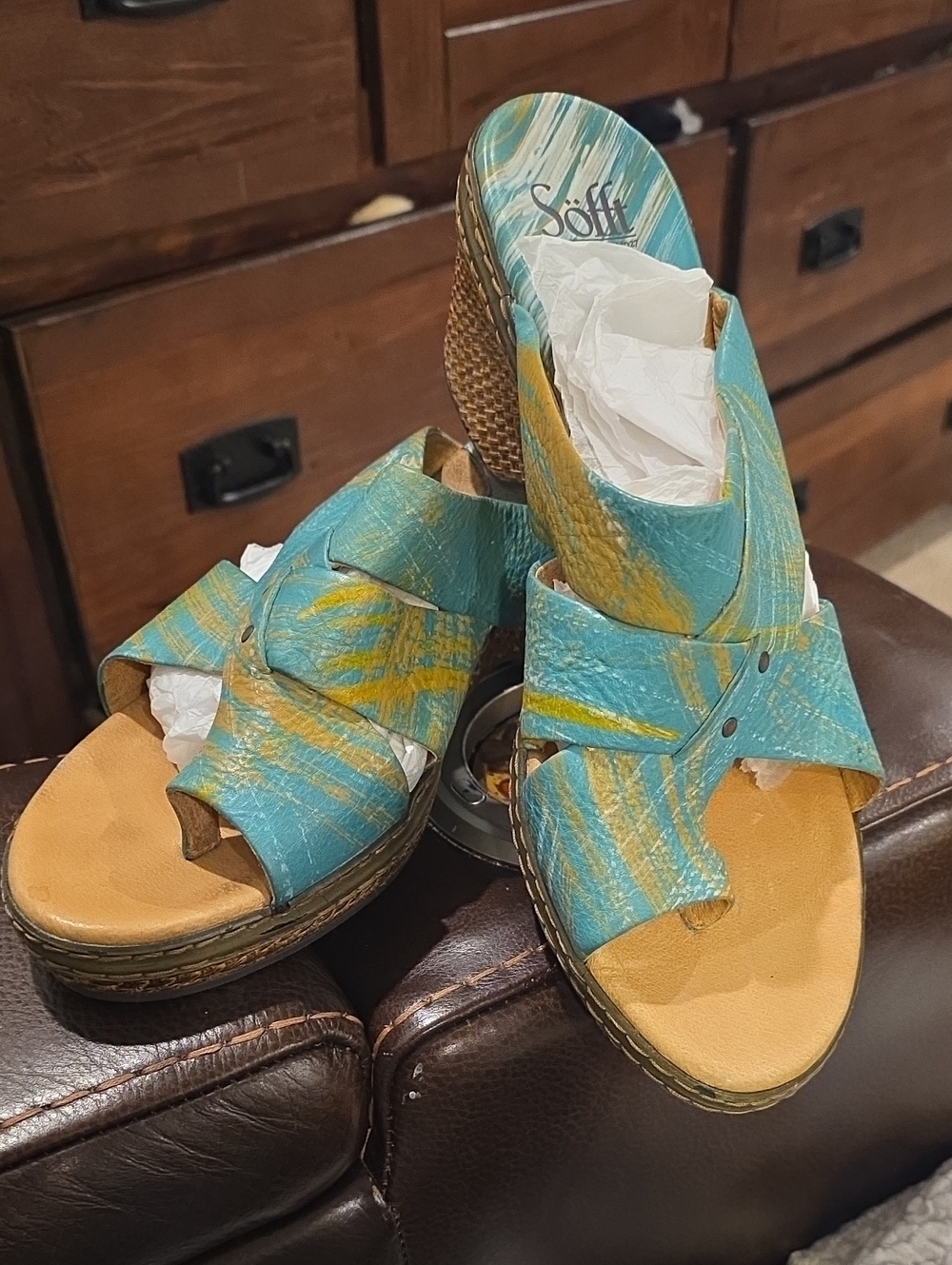 Teal & Yellow Leather Slide Sandals